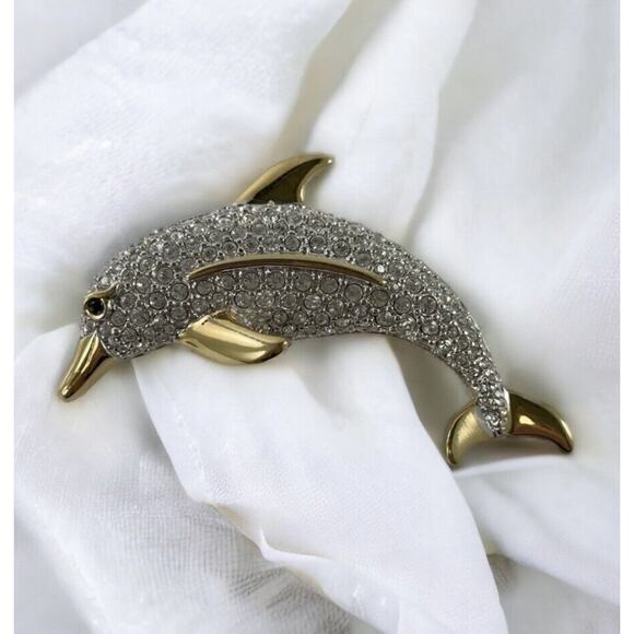 * SWAROVSKI Signed Vintage Clear Crystal Pave Dolphin Sea Pin/Brooch Retired - Picture 3 of 16